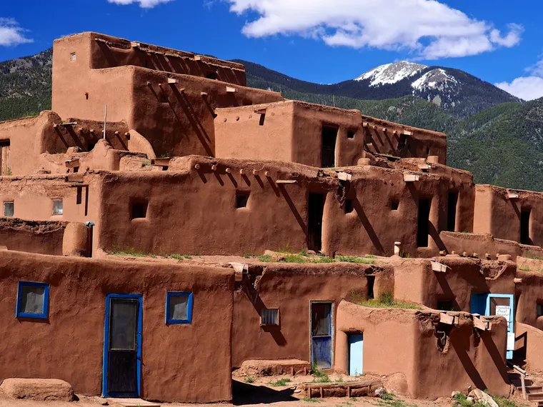 Adobe architecture at Taos Pueblo in New Mexico, United States.